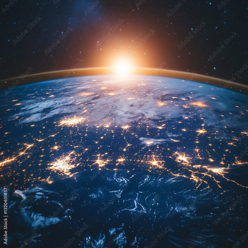 Satellite orbiting Earth with a view of city lights from space. Global communication and space technology concept. Design for educational material, space agency poster Satellite orbiting Earth with a view of city lights from space. Global communication and space technology concept. Design for educational material, space agency poster