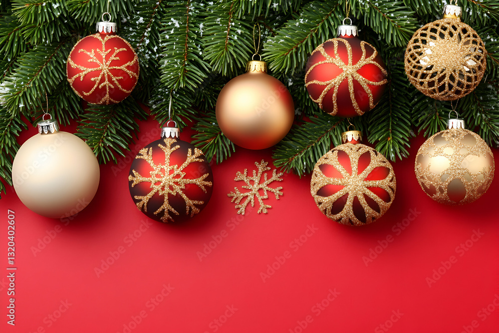 Festive Christmas baubles adorn a snowy fir branch, arranged against a vibrant red backdrop, creating a delightful holiday scene perfect for cards or festive designs. Festive Christmas baubles adorn a snowy fir branch, arranged against a vibrant red backdrop, creating a delightful holiday scene perfect for cards or festive designs.