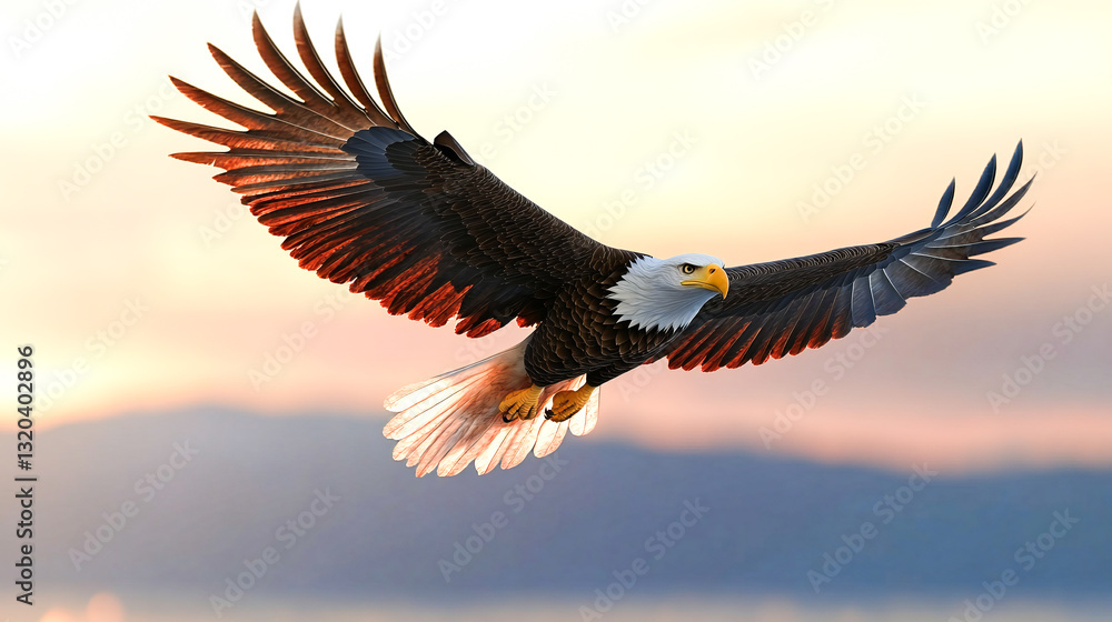 Fototapeta premium American Bald Eagle flying on US flag background 