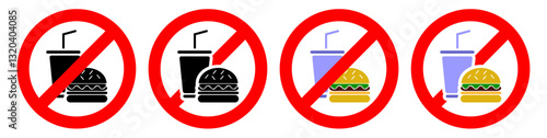 No junk food icon vector featuring a crossed-out burger and drink symbolizing a ban on unhealthy eating. Perfect for diet, health, nutrition, and restriction-related designs.