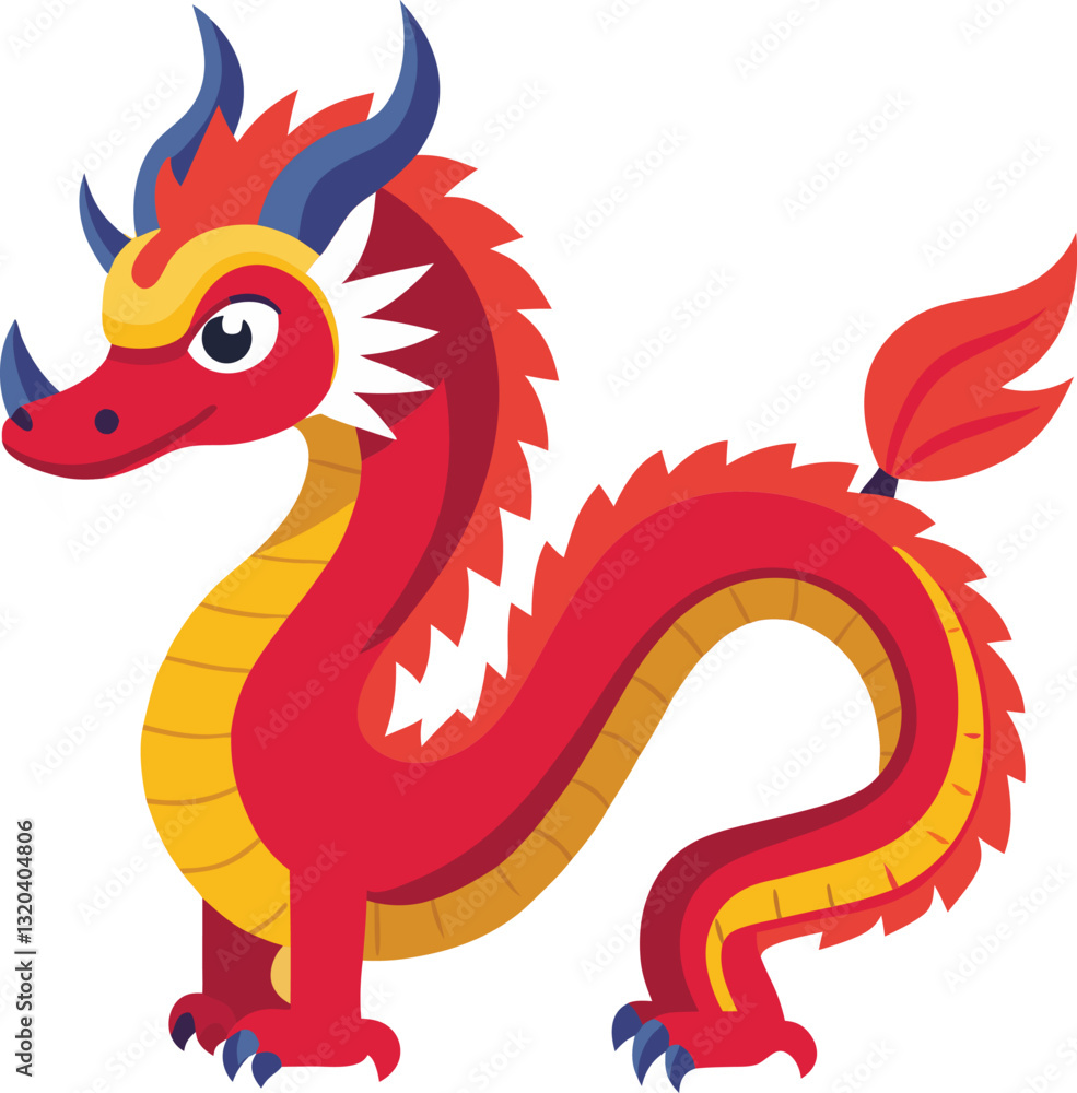 Obraz premium A vibrant and playful vector illustration of a Chinese dragon in red and yellow hues with blue accents, featuring a friendly expression and flowing tail.