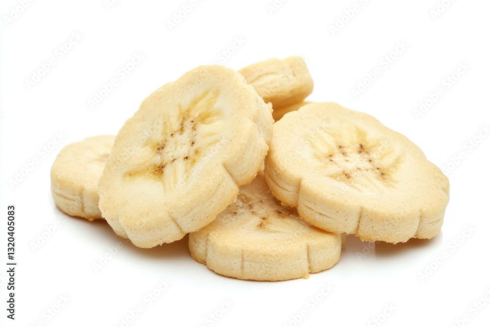 Banana flavored dog biscuits stacked on a clean white background Banana flavored dog biscuits stacked on a clean white background