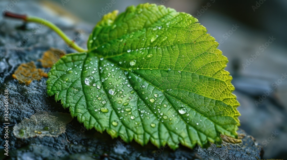 Dewy leaf resting on weathered rock Dewy leaf resting on weathered rock