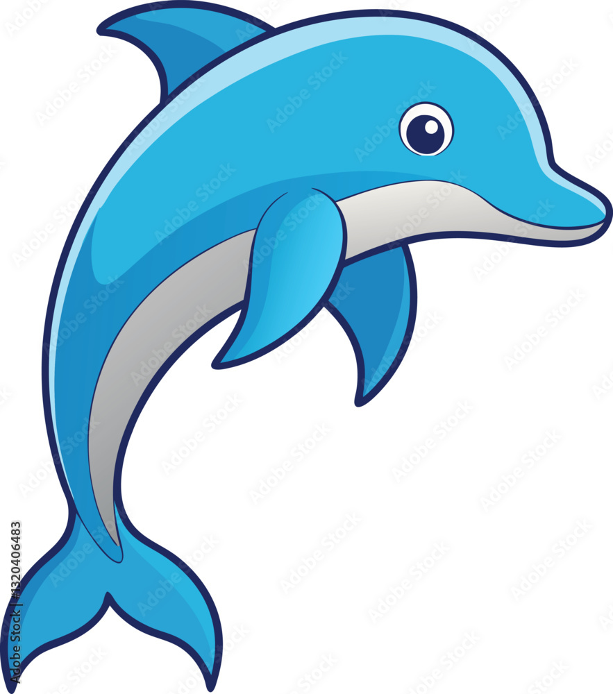 Naklejka premium Playful Dolphin Vector Illustration with Blue Colors, A cheerful vector illustration of a dolphin swimming, with smooth blue tones and a playful design, perfect for ocean and aquatic-themed projects.