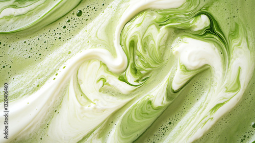 frothy matcha latte with its signature vibrant green color and delicate swirling foam patterns, a macro and full-frame texture shot, close-up texture, top view