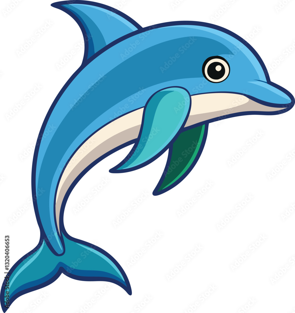 Fototapeta premium Playful Dolphin Vector Illustration with Blue Colors, A cheerful vector illustration of a dolphin swimming, with smooth blue tones and a playful design, perfect for ocean and aquatic-themed projects.