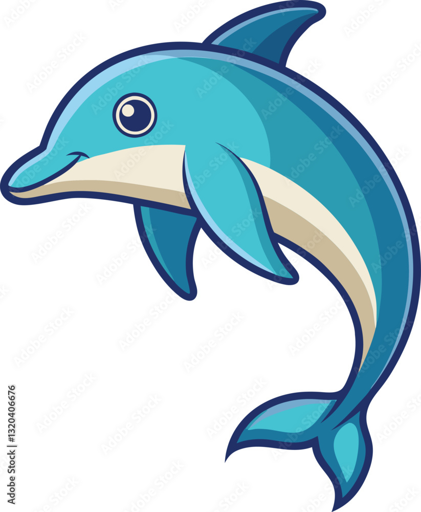 Fototapeta premium Playful Dolphin Vector Illustration with Blue Colors, A cheerful vector illustration of a dolphin swimming, with smooth blue tones and a playful design, perfect for ocean and aquatic-themed projects.