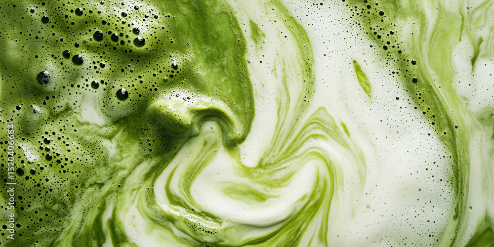 Obraz premium frothy matcha latte with its signature vibrant green color and delicate swirling foam patterns, a macro and full-frame texture shot, close-up texture, top view