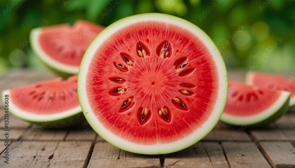 Fresh Watermelon Slices Arranged on a Picnic Table. Vibrant Summer Scene with Blurred Greenery. Fresh Watermelon Slices Arranged on a Picnic Table. Vibrant Summer Scene with Blurred Greenery.