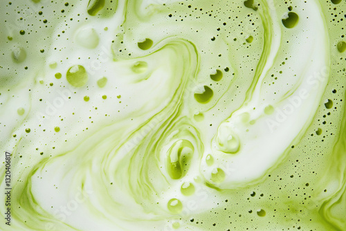 frothy matcha latte with its signature vibrant green color and delicate swirling foam patterns, a macro and full-frame texture shot, close-up texture, top view
