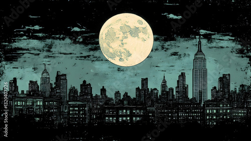 Night city skyline with moon