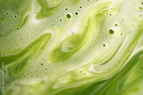 frothy matcha latte with its signature vibrant green color and delicate swirling foam patterns, a macro and full-frame texture shot, close-up texture, top view