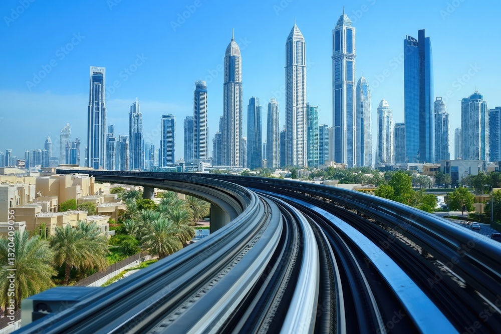 Dubai Skyline View from Modern Elevated Train Tracks Stunning Cityscape with Tall Skyscrapers and Lush Palm Trees Dubai Skyline View from Modern Elevated Train Tracks Stunning Cityscape with Tall Skyscrapers and Lush Palm Trees