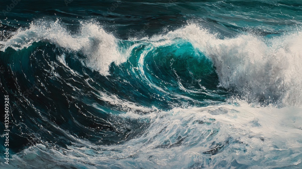 Obraz premium Aerial oceanscape capturing massive wave formation, turquoise deep water meeting white foam spray, dynamic water motion, crystalline droplet dispersion, dramatic natural lighting, high-detail wave
