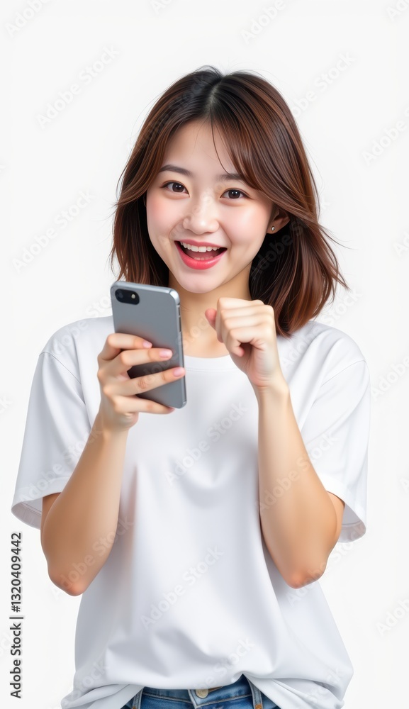 Happy young woman holding smartphone and celebrating achievement Happy young woman holding smartphone and celebrating achievement