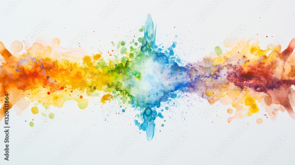 Fototapeta premium Explosive watercolor paint splatter radiating outward, seamless rainbow spectrum transition, dynamic fluid motion, delicate paint droplets suspended, soft gradient blending, pristine white backdrop,