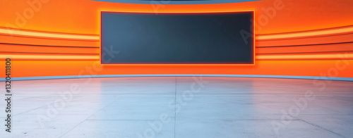 Modern studio with orange accents and large display screen