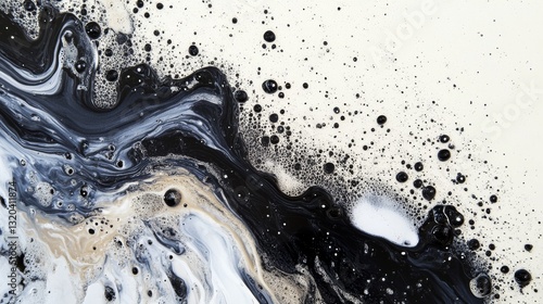 Expressive black fluid interaction, organic ink spread, dynamic liquid movement, textured white background, abstract dark stains, natural diffusion patterns, artistic splatter effect