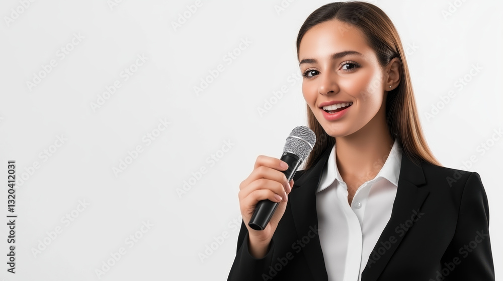Woman smiling with microphone in business suit against white background. Public speaking training, corporate presentations, professional communication services Woman smiling with microphone in business suit against white background. Public speaking training, corporate presentations, professional communication services
