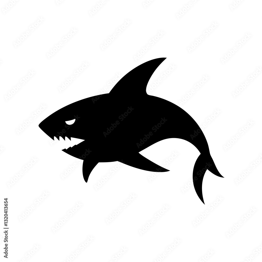 Fototapeta premium Black Silhouette of Menacing Shark Swimming with Sharp Teeth on White Background