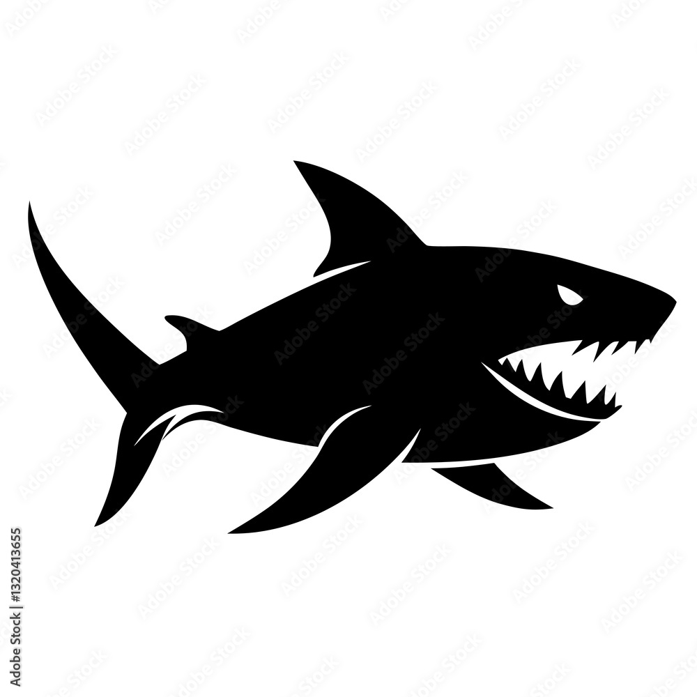 Obraz premium Black Silhouette of Menacing Shark Swimming with Sharp Teeth on White Background
