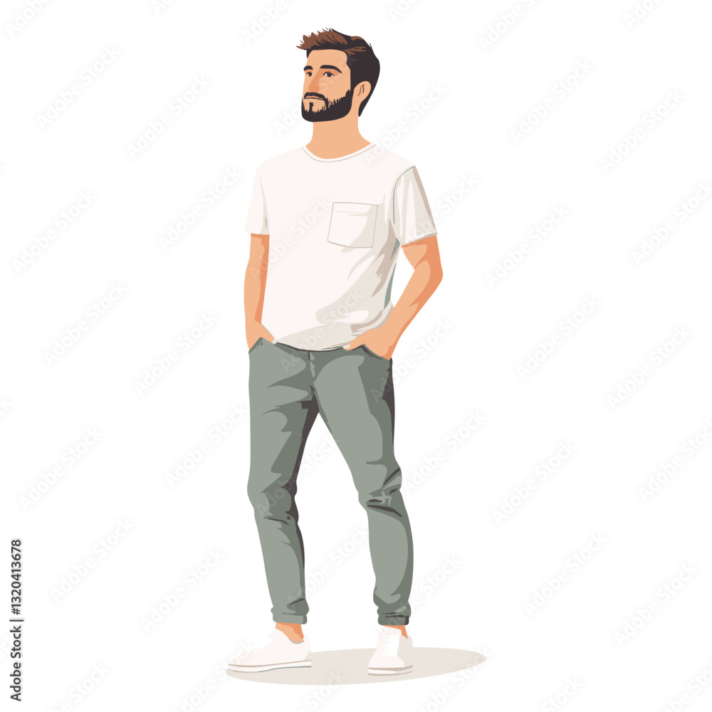 Young Man standing with hands in pockets character isolated on a white background, Flat style cartoon vector illustration Young Man standing with hands in pockets character isolated on a white background, Flat style cartoon vector illustration