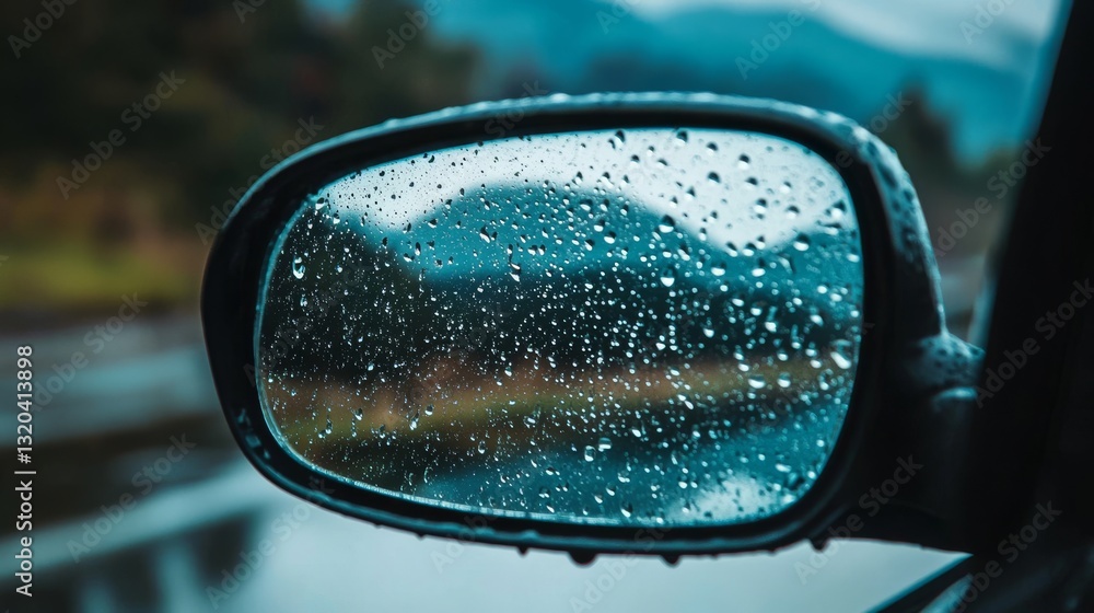 Macro photography water droplets on glass surface, deep teal color tones, blurred mountain silhouette background, moody atmospheric composition, car side mirror reflection, shallow depth of field, Macro photography water droplets on glass surface, deep teal color tones, blurred mountain silhouette background, moody atmospheric composition, car side mirror reflection, shallow depth of field,