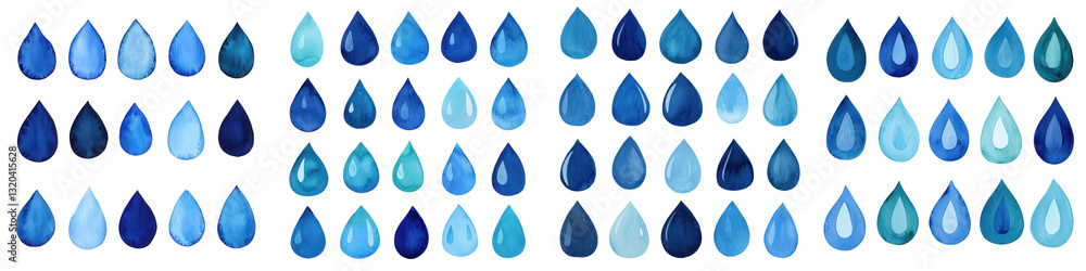Closeup view of vibrant blue raindrops and water droplets falling on a smooth reflective surface creating a sense of freshness purity and tranquility Closeup view of vibrant blue raindrops and water droplets falling on a smooth reflective surface creating a sense of freshness purity and tranquility