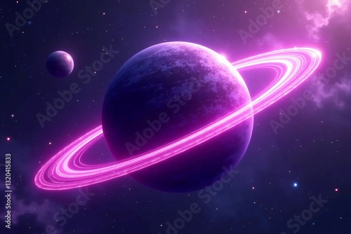Surreal purple planet with glowing rings in cosmic space, astronomy, surreal, planet