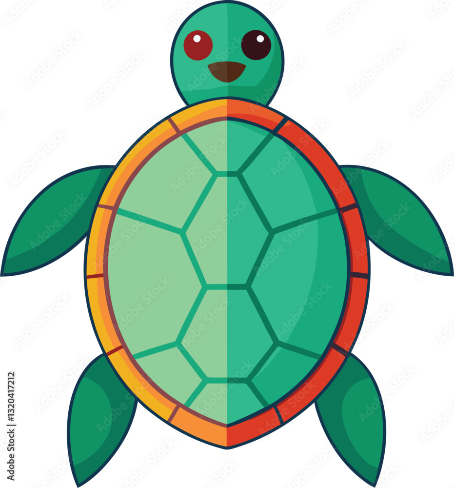 Fototapeta premium Smiling Turtle Vector Illustration with Colorful Shell, A cheerful turtle vector illustration with a vibrant orange and green shell, perfect for marine, nature, or children's themes. 