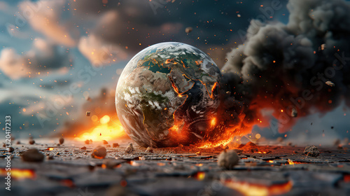 hyper realistic image of planet Earth resting on scorched surface, surrounded by flames and smoke, depicting dramatic and apocalyptic scene