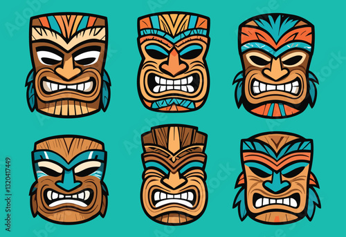A set of six wooden faces with a blue background. The faces are all angry and have a tribal look