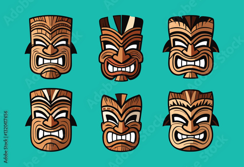 A set of six wooden faces with a blue background