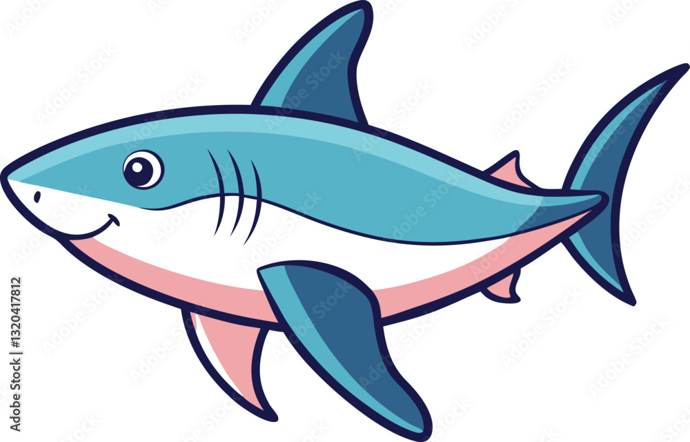 Obraz premium Friendly shark vector illustration with blue and pink tones, A cute and friendly vector illustration of a shark with blue and pink tones, perfect for ocean-themed designs and children's content. 