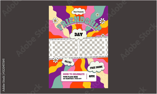 Happy Friendship Day modern retro lettering vector illustration with smile icon and groovy flower. Friendship Day 3d text banner, poster, sticker, flyer, greeting card. Cute friendly lettering