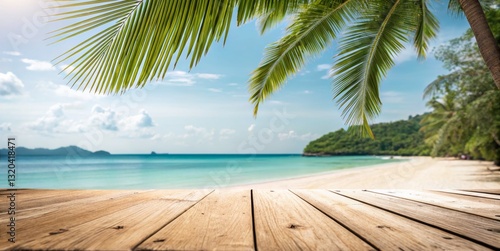 Empty wide Table top wooden bar with blurred beautiful beach scene background coconut leaf on frame for product display mockup outside summer day time. Resort clean wood desk board on nature view.
