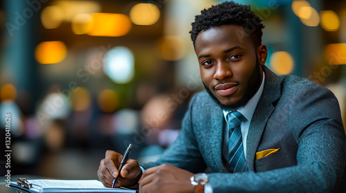 Confident African American Businessman Writing Notes Serious Professional Portrait Executive Man in Suit Stylish Office Attire Successful Entrepreneur