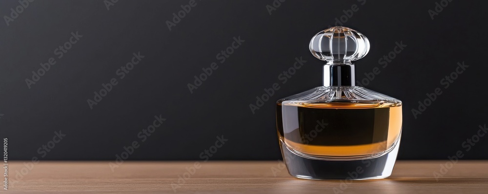 A sleek, elegant perfume bottle sits on a wooden surface against a dark backdrop, showcasing its rich amber liquid. A sleek, elegant perfume bottle sits on a wooden surface against a dark backdrop, showcasing its rich amber liquid.
