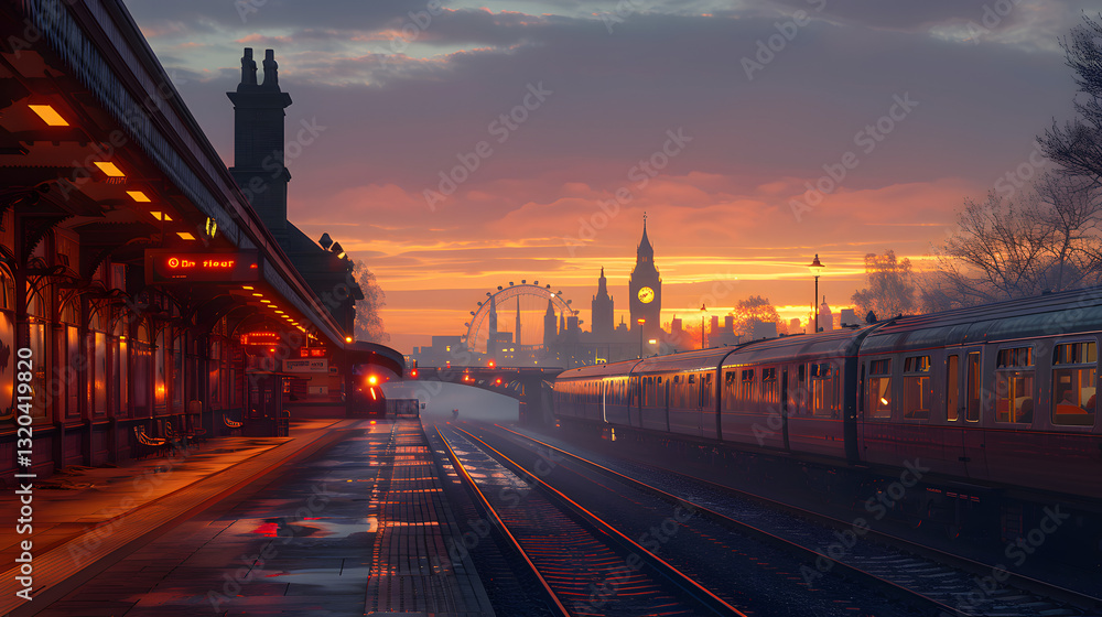 Fototapeta premium Sunset over a bustling train station with silhouetted landmarks and a vibrant sky reflecting on tracks