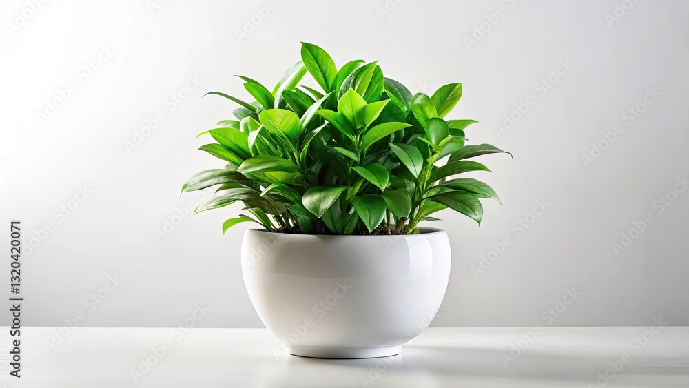 Fototapeta premium Single Green Plant in Oval White Pot on White Background - Minimalist Home Decor, Nature, Interior Design, Relaxing Space, Greenery, Pot Plant