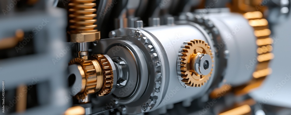 A close-up view of a mechanical engine showcasing intricate gears and components in silver and gold. A close-up view of a mechanical engine showcasing intricate gears and components in silver and gold.