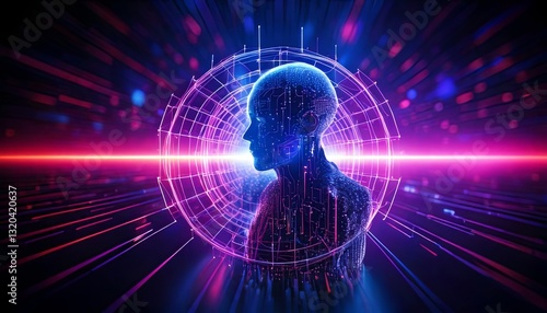 Wallpaper Mural A futuristic digital representation of artificial intelligence, featuring a human head integrated with glowing neural networks and data streams, symbolizing advanced technology and deep learning.

 Torontodigital.ca