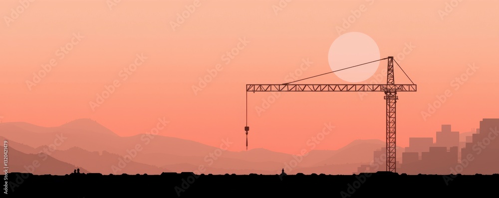 Fototapeta premium A silhouette of a construction crane against a vibrant sunset, casting shadows over a city skyline.