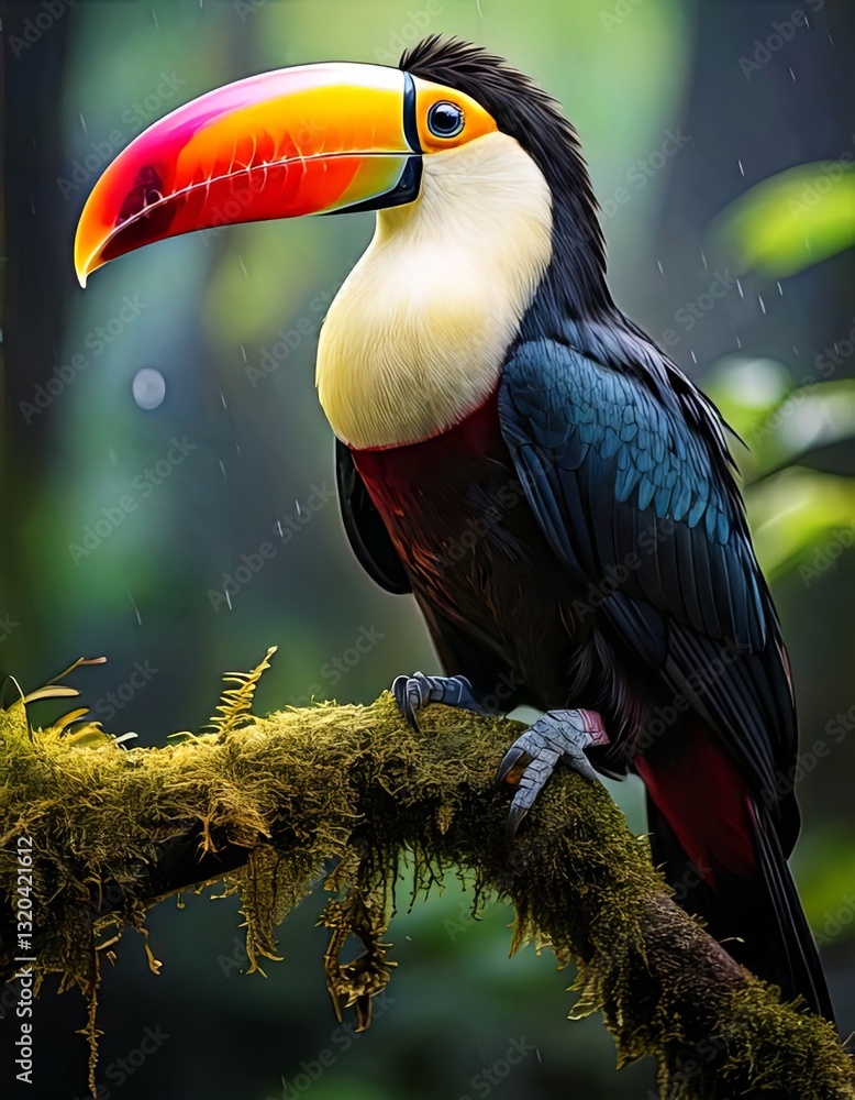 Obraz premium A striking toucan perched on a mossy branch in the lush rainforest, showcasing its vibrant beak and sleek black feathers amidst the tropical greenery.