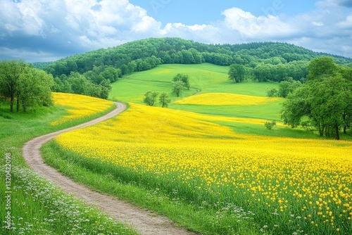 Scenic Landscape with Fields of Green and Yellow Under a Blue Sky. Winding Road Leads to Horizon, Divided by Path with Golden Rapeseed Flowers and Vibrant Grasses.