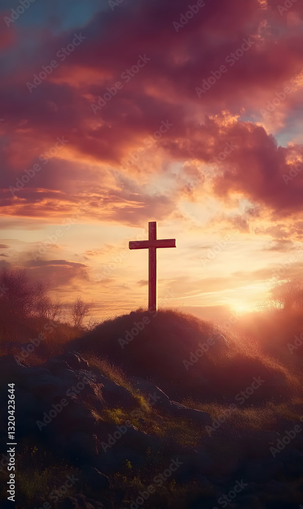 Symbol of faith a cross stands tall atop a hill bathed in the colors of dawn's early light Symbol of faith a cross stands tall atop a hill bathed in the colors of dawn's early light