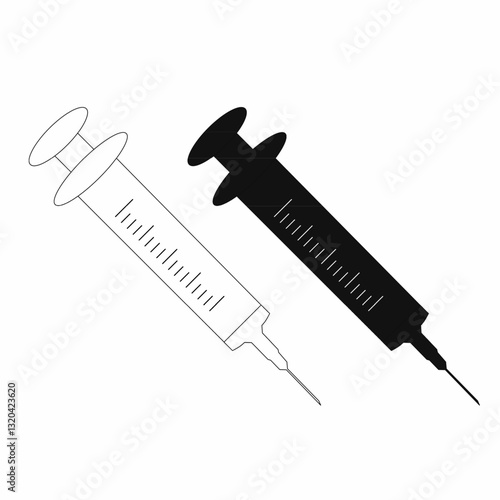 Syringe icon set in black and white. Perfect for medical, healthcare, vaccination, and pharmaceutical themes. Ideal for infographics, posters, and digital designs