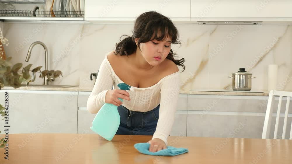 Young hardworking girl does wet cleaning in a home kitchen, wiping the table with a rag Young hardworking girl does wet cleaning in a home kitchen, wiping the table with a rag