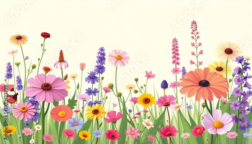 Vibrant spring wildflowers in cartoon flat style, perfect for wall decor posters, vector, wildflowers