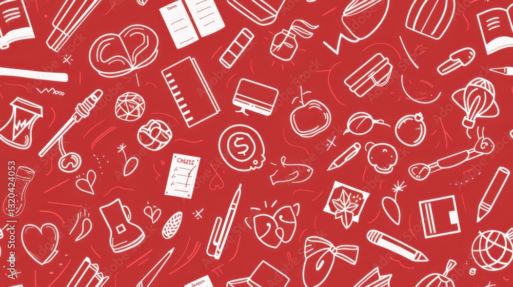 Seamless pattern of back-to-school icons in red, featuring school supplies, books, and educational elements in a modern design.
Seamless pattern of back-to-school icons in red, featuring school supplies, books, and educational elements in a modern design.